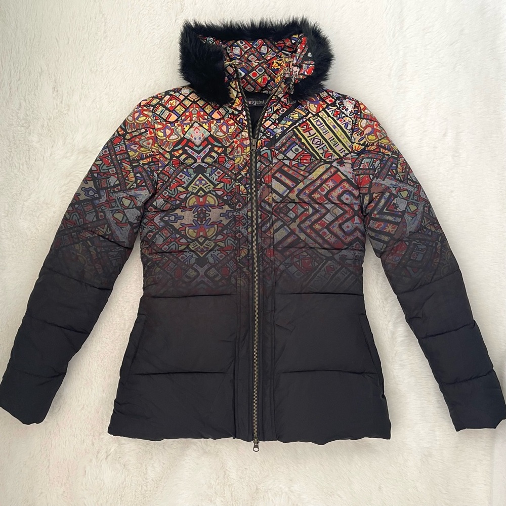 🤑 SALE Desigual Ombré Black Multi Fur trim Stained Glass Puffer Coat - Picture 13 of 14